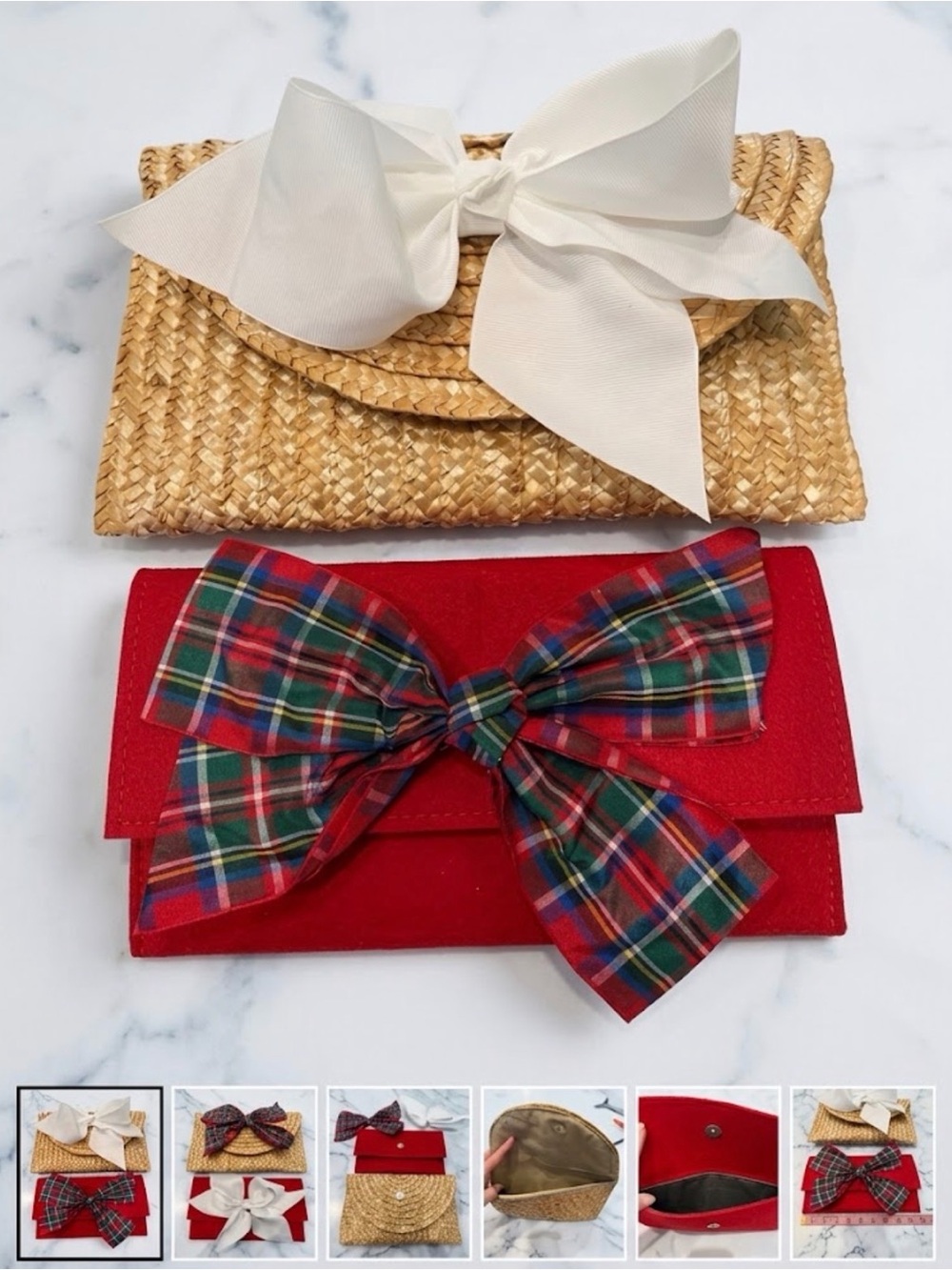 Straw Clutch and Red Felt Clutch with Interchangeable Bows